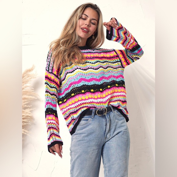 Anna Kaci Cut Out Knitted Boho Sweater Colorful Striped Knit Sweater - Picture 1 of 10